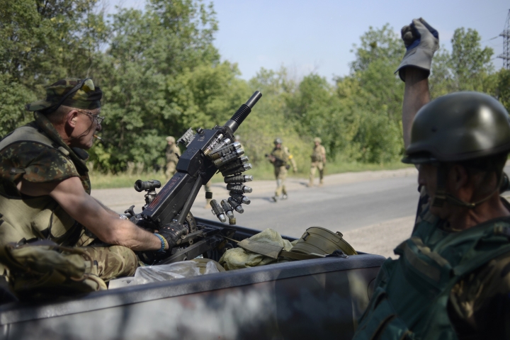 Members of Ukrainian self-defence battalion "Donbass" are seen at their positions near the town of Pervomaysk