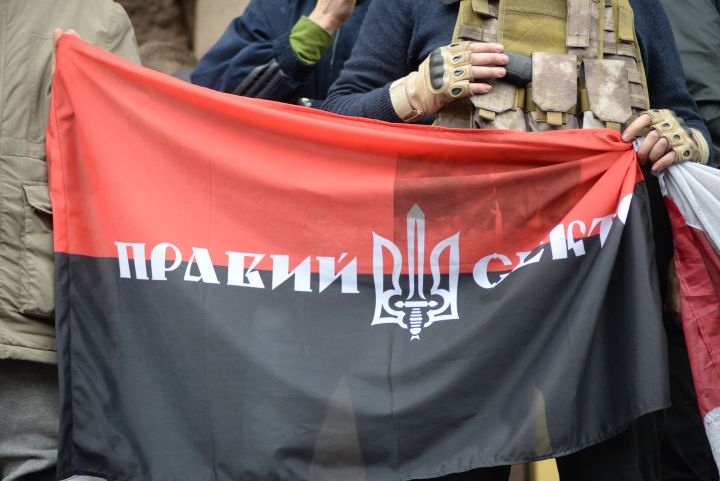 Pravyi Sektor(Roght Sector) flag. Euromaidan, Kyiv, Ukraine. Events of February 22, 2014.