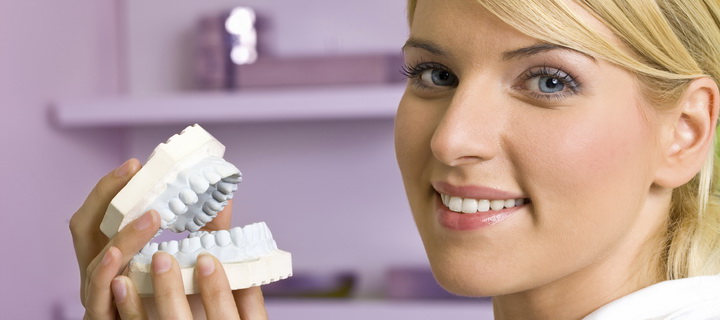 Dentist female showing reproduction model teeth and smiling
