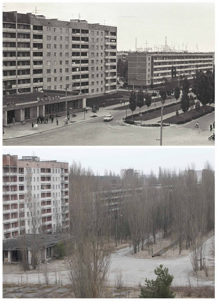 A combination of images, taken in 1982 and on April 7, 2011, shows before and after view of the abandoned city of Prypiat near the Chernobyl nuclear power plant. Belarus, Ukraine and Russia will mark the 25th anniversary of the nuclear reactor explosion in Chernobyl, the place where the world's worst civil nuclear accident took place, on April 26. REUTERS/Vladimir Repik and Gleb Garanich (UKRAINE - Tags: ANNIVERSARY DISASTER ENERGY ENVIRONMENT)