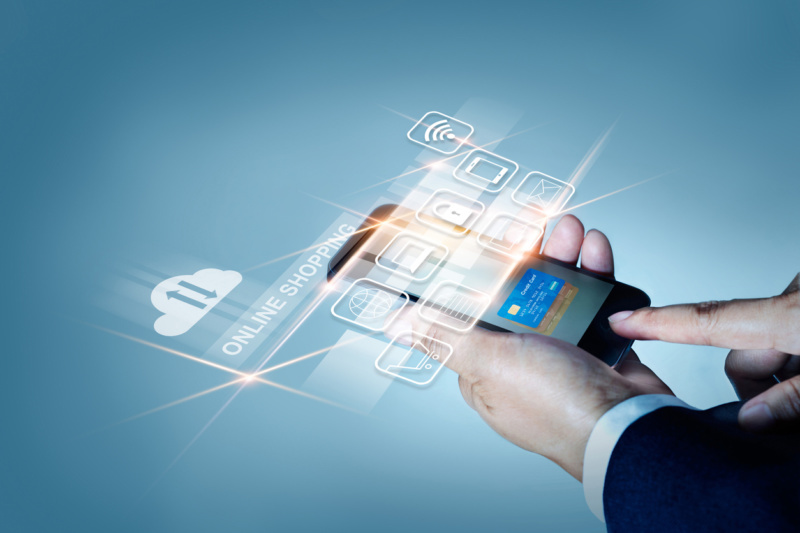 Businessman using mobile payments online shopping and icon customer network connection on screen, All on mobile screen are design up