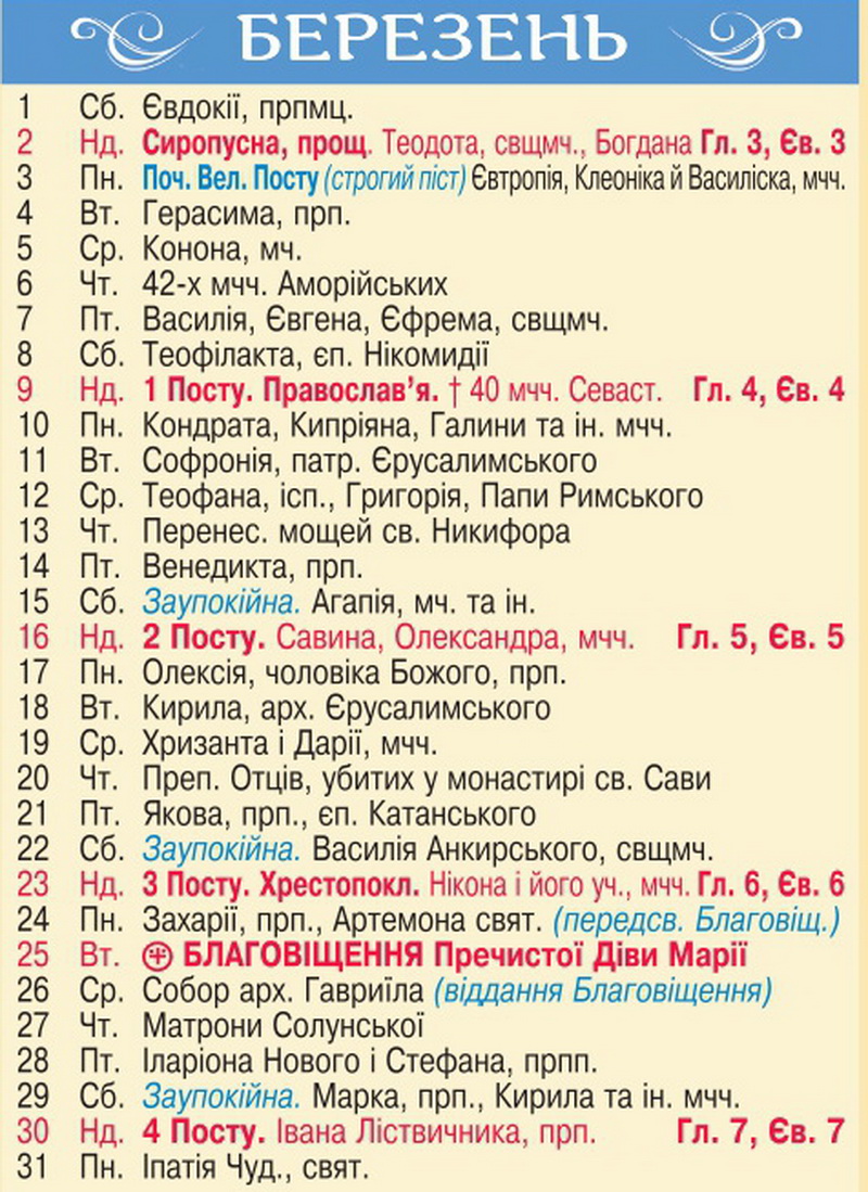 Церковний календар 2025: свята та пости