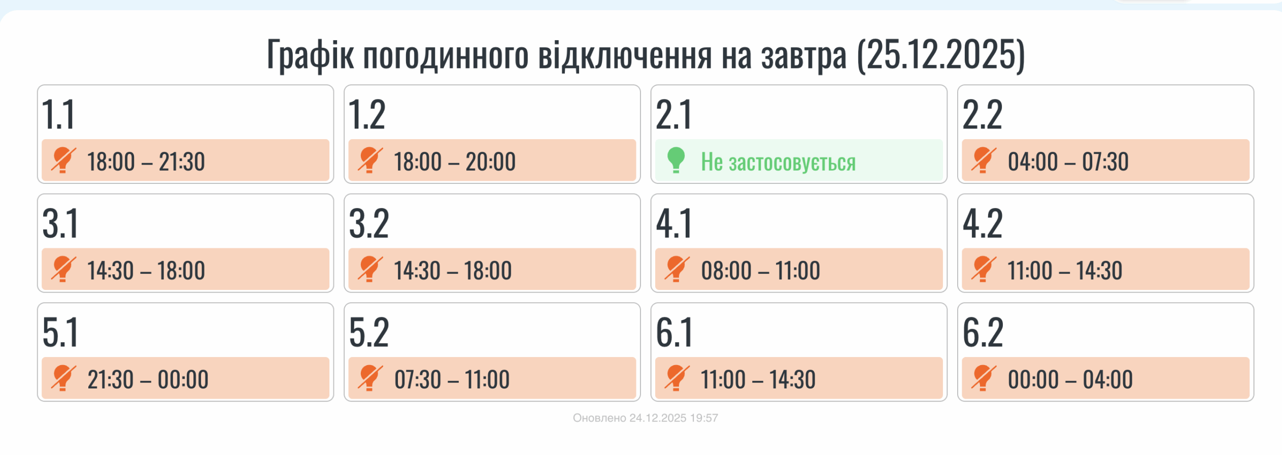 На Прикарпатті 25 грудня діятимуть графіки погодинних вимкнень світла